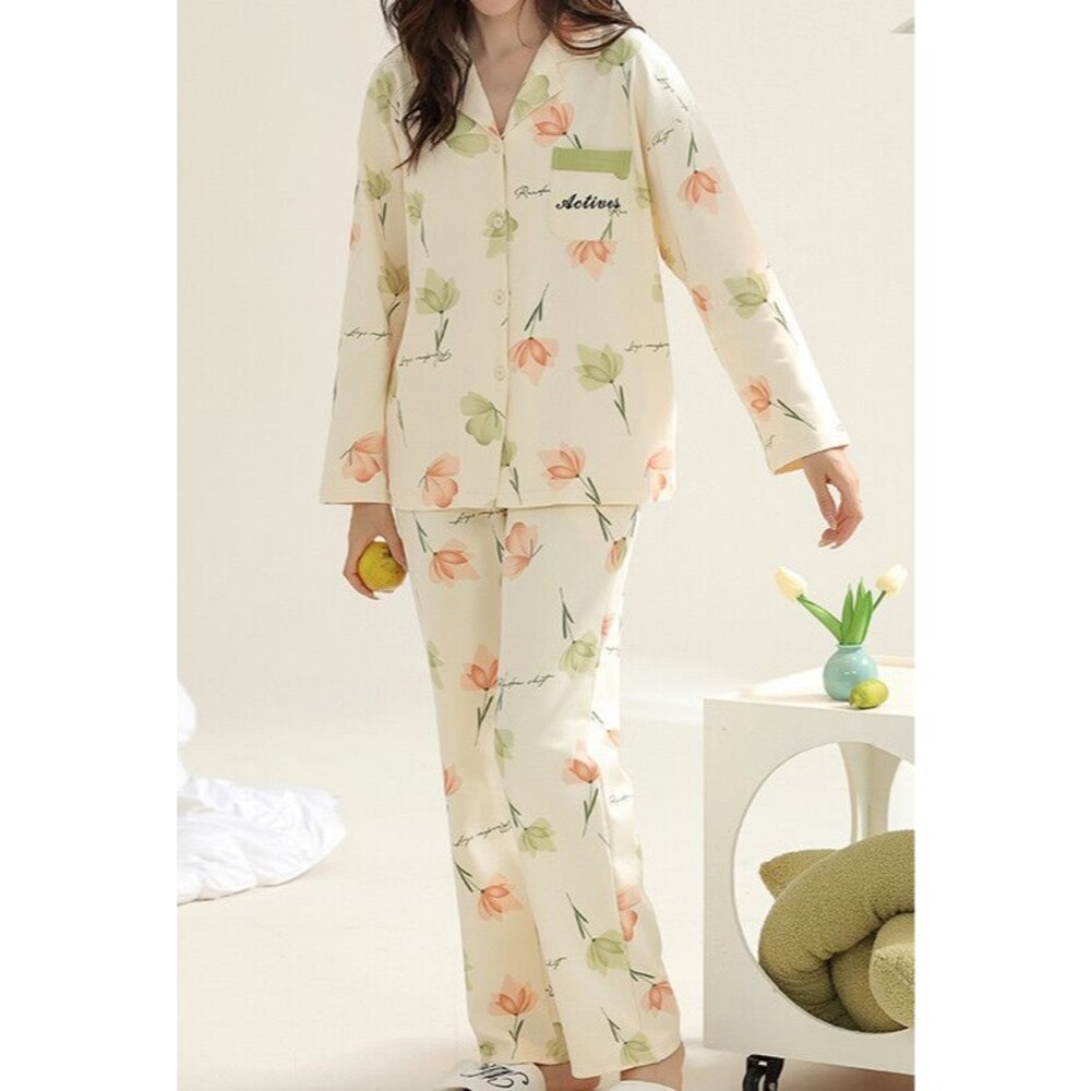 Cotton Women's Pajama Set 2 Pcs Long Sleeve Sleepwear Button Front Long PJ Pants